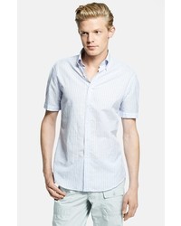 Michael Bastian Michl Bastian Short Sleeve Stripe Cotton Linen Shirt Light Blue Pink 39