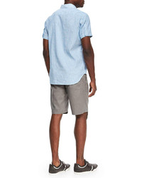 Theory Mini Stripe Short Sleeve Linen Blend Shirt Light Blue