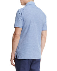 Ermenegildo Zegna Seersucker Short Sleeve Sport Shirt Blue