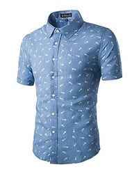 uxcell Short Sleeves Fishbone Printed Cotton Chambray Button Down Casual Business Shirt
