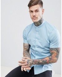 ASOS DESIGN Slim Shirt In Blue With Short Sleeves Grandad Collar