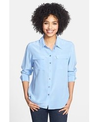 TWO by Vince Camuto Silk Utility Shirt Misty Blue Large