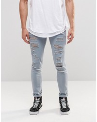 Asos Brand Super Skinny Jeans With Extreme Rips In Light Blue