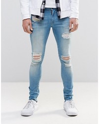 Asos Brand Extreme Super Skinny Jeans With Mega Rips In Mid Blue