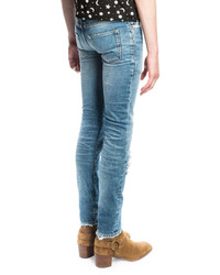 Saint Laurent Low Waist Studded Leather Patch Skinny Jeans Medium Vintage Blue