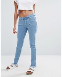 Boohoo Mid Rise Skinny Jeans With Frayed Hem