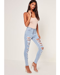 Missguided Blue Multi Authentic Rip Skinny Jeans