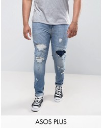 Asos Plus Super Skinny Jeans With Rips In Mid Wash