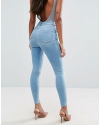 Asos Ridley Skinny Jeans In Felix Mid Stonewash With Busted Knees And Chewed Hems