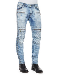 Robins Jean Quilted Knee Washed Moto Jeans Light Blue