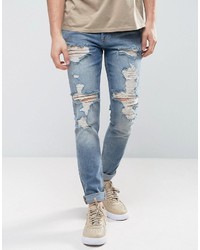 Asos Skinny Jeans In Vintage Mid Wash Blue With Heavy Rips