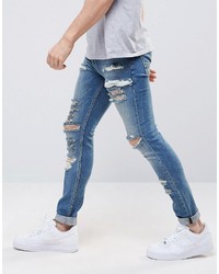 Asos Super Skinny Jeans In 125oz With Mega Rips In Light Blue