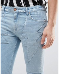 Asos Super Skinny Jeans In Light Wash Blue With Lightning Bolt Detail