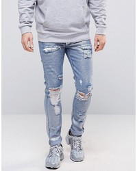 Asos Super Skinny Jeans With Mega Rips In Metalic Sliver Coated Blue