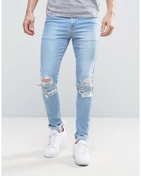 Asos Super Skinny Jeans With Zip Knee Rips In Bleach Blue