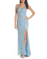 Light Blue Slit Sequin Evening Dress