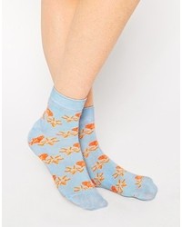 Asos Ankle Socks With Fish And Chips Print Light Blue