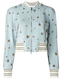Light Blue Star Print Sequin Bomber Jacket