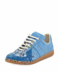 Maison Margiela Pollock Paint Splatter Leather Suede Low Top Sneakers Blue