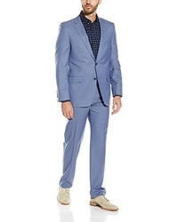 DKNY Dekalb Modern Fit 2 Button Side Vent Notch Lapel Flat Front Trouser In A 100% Super 120s Wool Light Blue Solid Suit