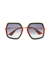 Gucci Square Frame Striped Acetate And Gold Tone Sunglasses