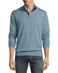 Neiman Marcus Cashmere Button Neck Sweater Heron