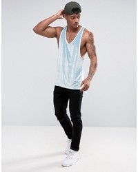 Asos Tank With Extreme Racer Back In Blue Velour With Contrast Binding