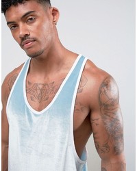 Asos Tank With Extreme Racer Back In Blue Velour With Contrast Binding