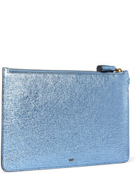 Anya Hindmarch Circulus Large Laser Cut Appliqud Metallic Textured Leather Pouch Blue