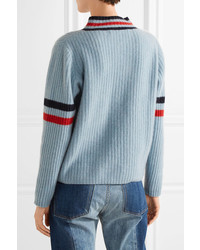 The Elder Statesman Odyssey Striped Ribbed Cashmere Turtleneck Sweater Light Blue