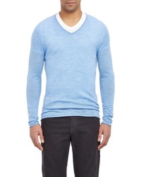 Barneys New York Cashmere V Neck Sweater Blue