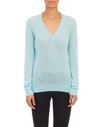 Barneys New York Cashmere V Neck Sweater Blue