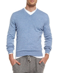 Brunello Cucinelli Cashmere V Neck Sweater Blue