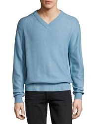Tom Ford Raglan Cotton Cashmere Blend V Neck Sweater Sky Blue