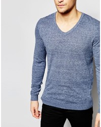 Asos V Neck Sweater In Blue Twist Cotton