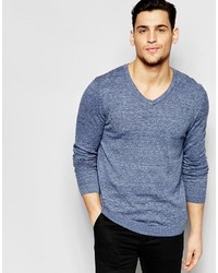 Asos V Neck Sweater In Blue Twist Cotton