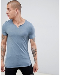 ASOS DESIGN Muscle Fit T Shirt With Raw Notch Neck In Blue