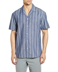 Light Blue Vertical Striped Chambray Short Sleeve Shirt