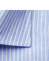 Canali Blue Slim Fit Pinstriped Linen Shirt
