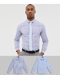 ASOS DESIGN Skinny Stripe Shirt And Blue Skinny Shirt Pack Save