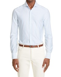 Brunello Cucinelli Slim Fit Sripe Button Up Shirt In White Blue At Nordstrom