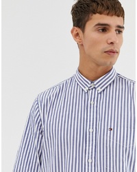 Tommy Hilfiger Striped Oxford Shirt With Pique Flag Logo In Blue