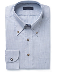 Thom Sweeney Blue Slim Fit Striped Slub Cotton Oxford Shirt