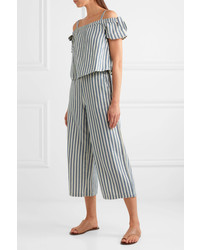 Madewell Cold Shoulder Cropped Striped Cotton And Linen Blend Jumpsuit Blue