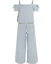 Madewell Cold Shoulder Cropped Striped Cotton And Linen Blend Jumpsuit Blue