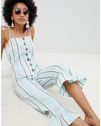 ASOS DESIGN Cotton Frill Hem Jumpsuit With Square Neck And Button Detail In Variated Stripe