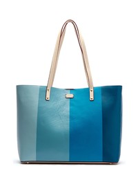 Light Blue Vertical Striped Leather Tote Bag