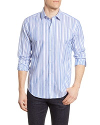 Bugatchi Shape Fit Stripe Cotton Linen Button Up Shirt
