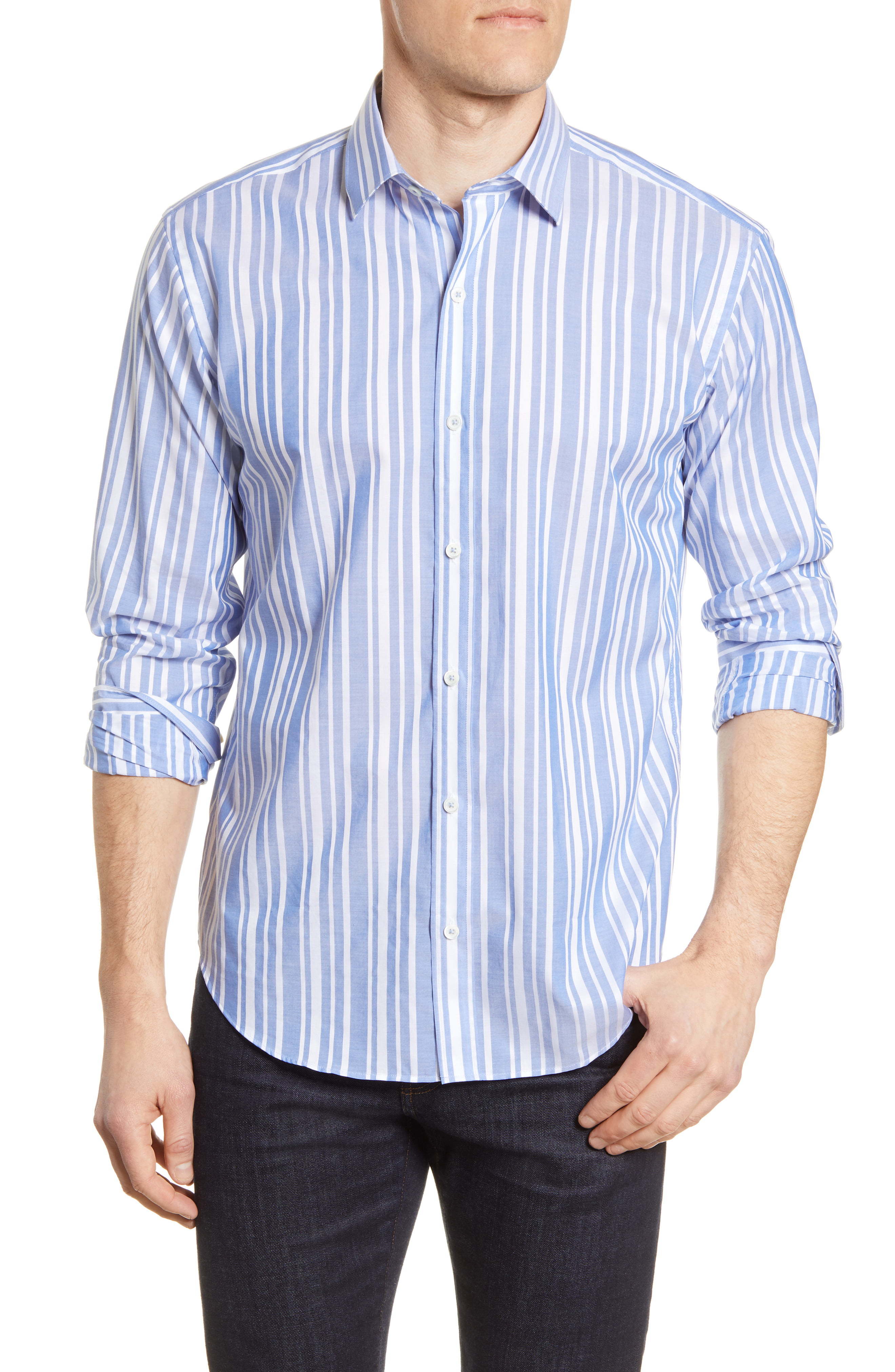 Bugatchi Shape Fit Stripe Cotton Linen Button Up Shirt, $64 | Nordstrom ...