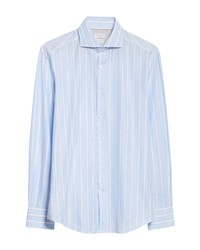 Brunello Cucinelli Slim Fit Stripe Cotton Linen Shirt In C013 Celeste At Nordstrom